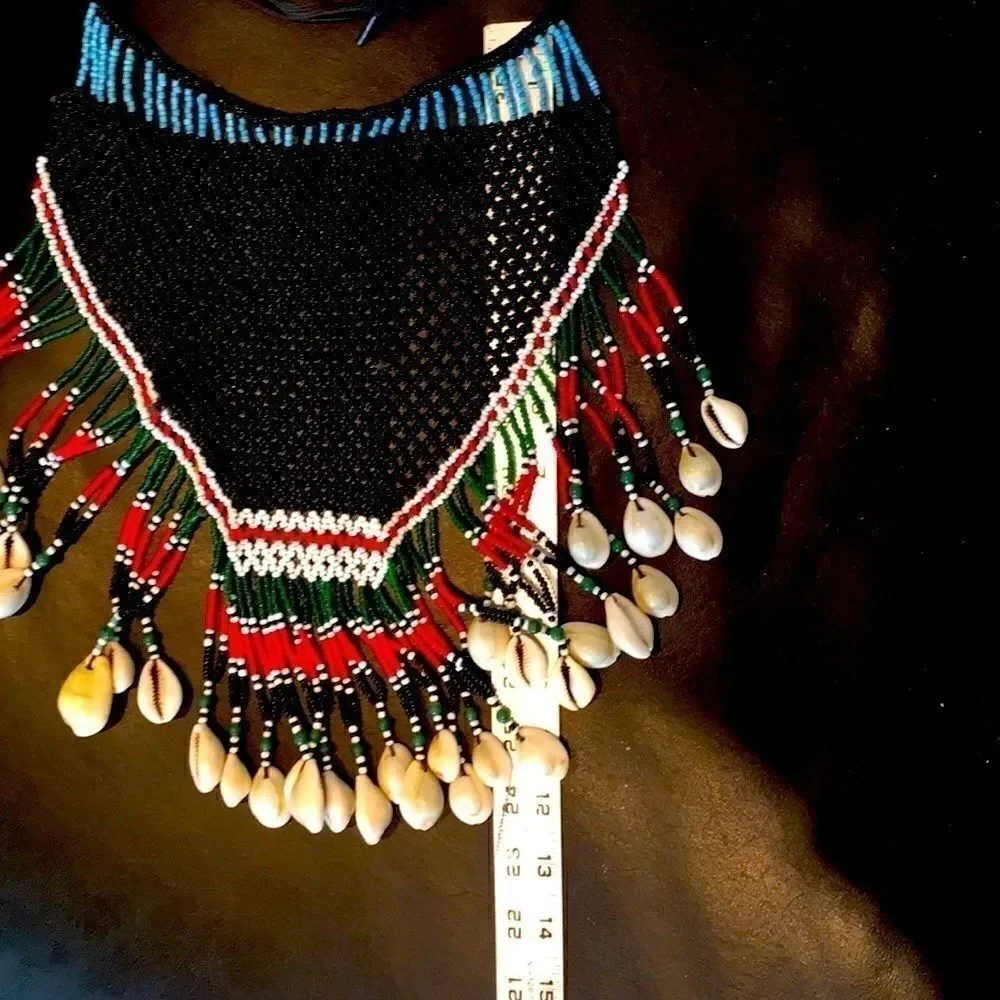 Vintage 60’s tie beaded dance skirt necklace or wall hanging cowrie shell bead